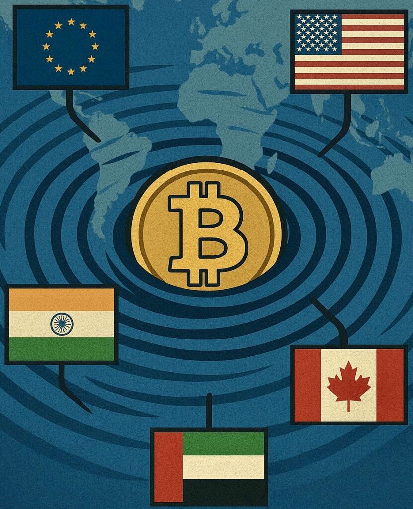 A world map with a central Bitcoin symbol emitting ripple waves, surrounded by flags of the EU, US, India, UAE, and Canada, symbolizing global crypto regulations.