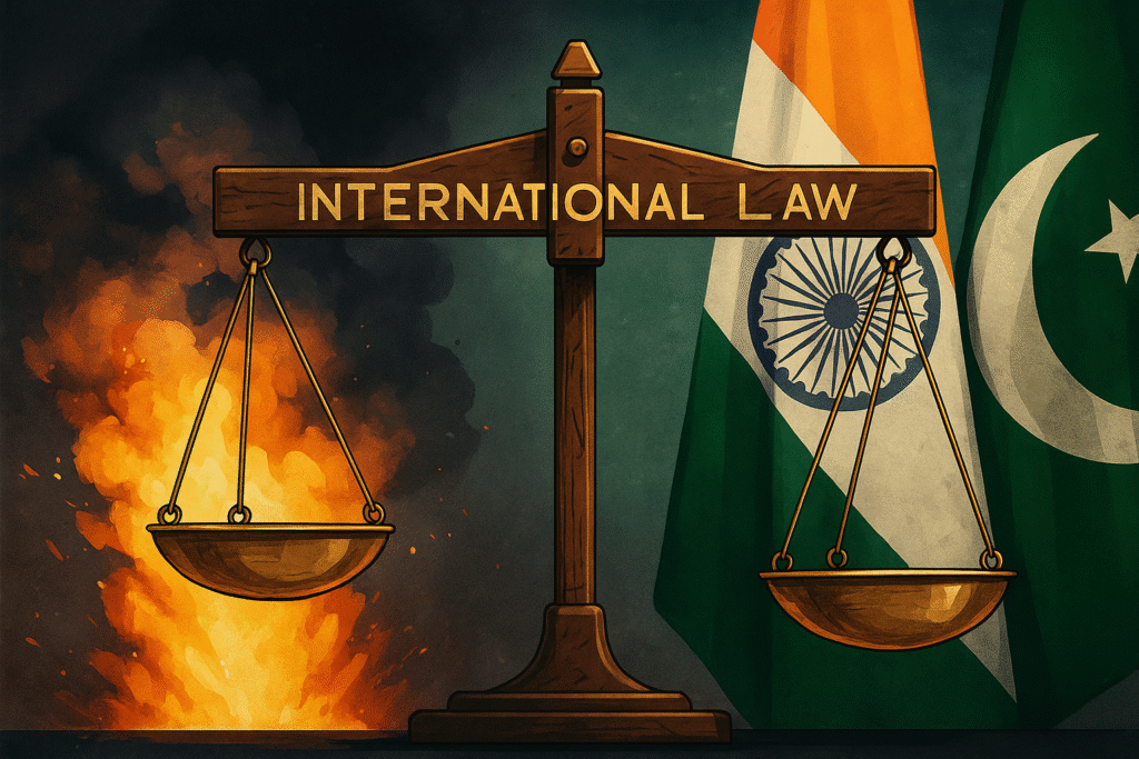A symbolic illustration of a justice scale tipping unevenly between law and broken treaties, showing the fragility of ceasefires in modern conflict zones.