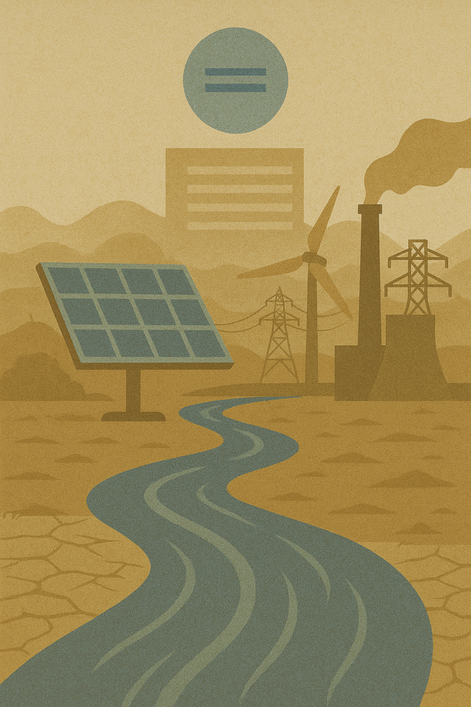 Hydropower plants, dry lands, and a shrinking Indus River beneath a passive institution, symbolizing rising tension and energy race in 2025.