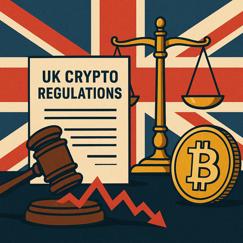UK crypto regulation concept showing FCA ban on using credit cards for crypto purchases, with digital currency and compliance symbols