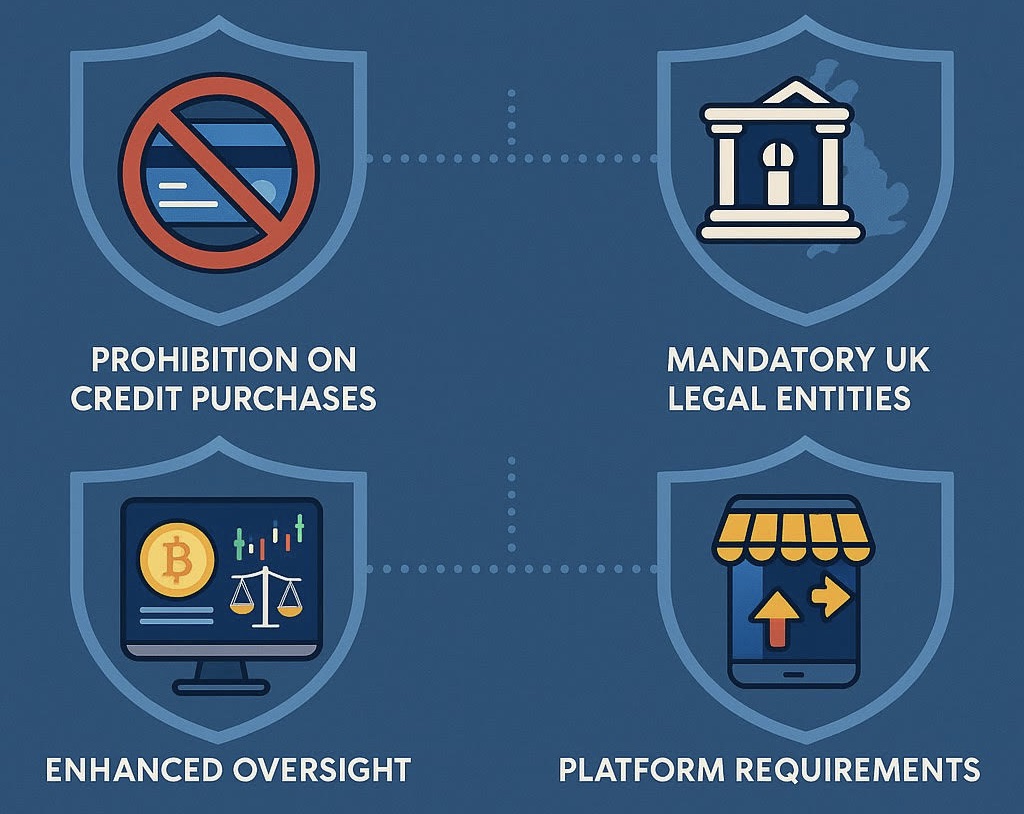 FCA crypto rules visualized with key points like credit restrictions, mandatory UK entities, oversight, and platform obligations shown via shield icons. crypto credit ban