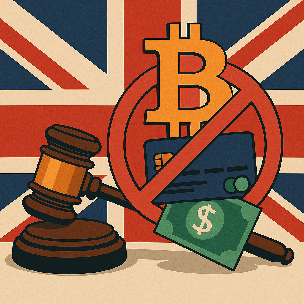 UK's crypto credit ban, UK crypto regulation concept showing FCA ban on using credit cards for crypto purchases, with digital currency and compliance symbols
