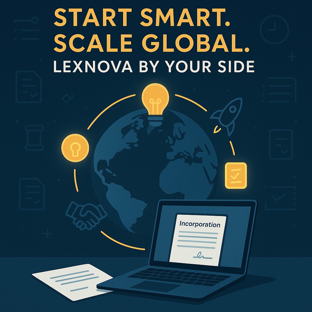 Professional digital illustration showing where to incorporate your startup in 2025. incorporation services by LexNova Consulting with icons of innovation, business registration, and legal support.