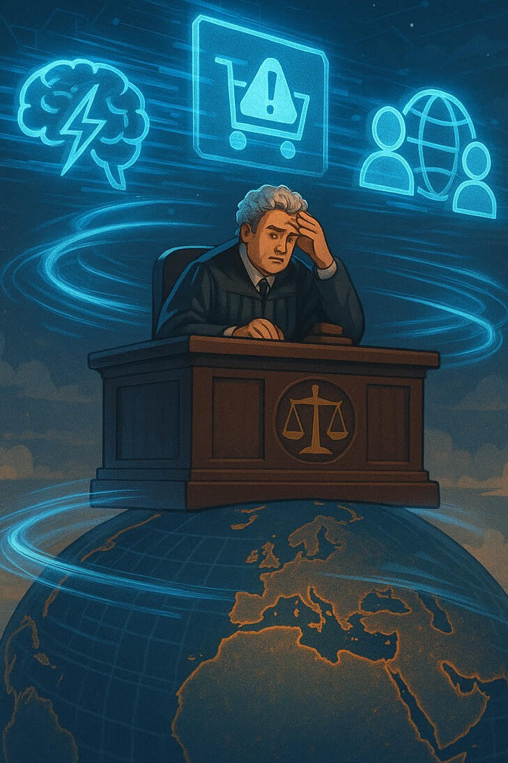 Judge overwhelmed by fast-moving digital challenges in a futuristic courtroom above Earth, symbolizing tech regulation struggles.