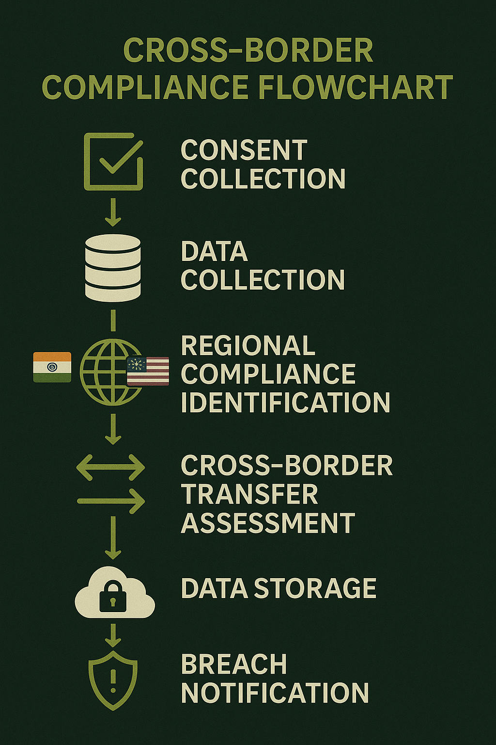 A green-toned digital flowchart outlining steps in cross-border data compliance: consent, collection, legal assessment, transfer, storage, and breach notification.
