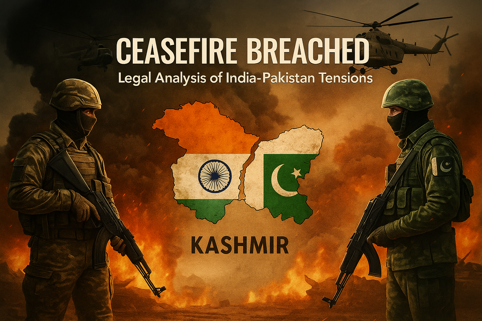 A symbolic digital artwork showing broken peace between India and Pakistan, with legal and diplomatic imagery emerging from a fractured border.