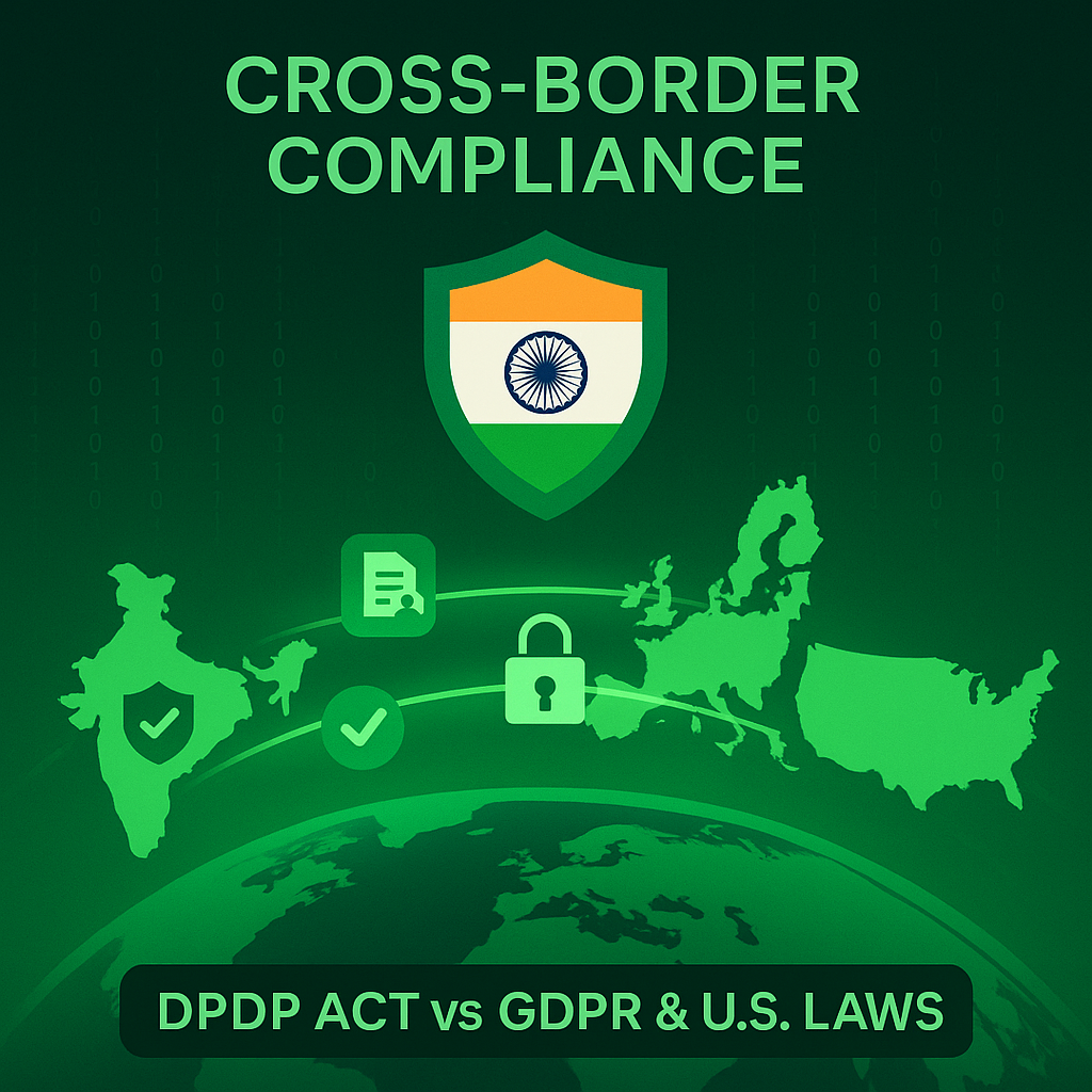A digital illustration comparing India's Data Protection Act with GDPR and U.S. privacy laws through glowing green data bridges across continents.