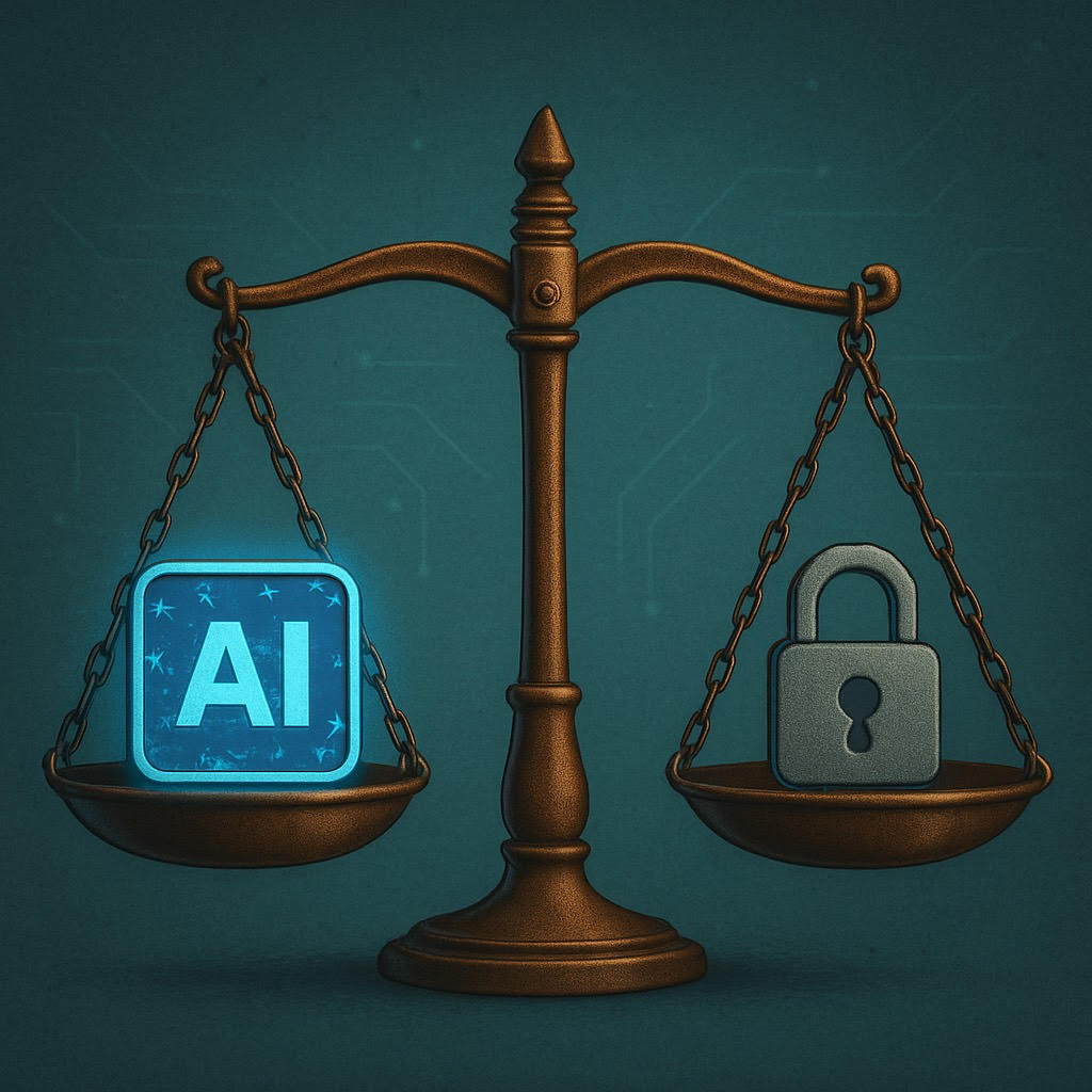 A digital scale balancing a glowing AI icon and a metallic padlock, symbolizing the ethical tension between innovation and security.