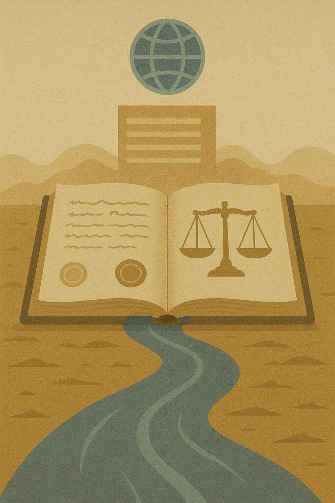 Open treaty book with scales of justice and Indus River flowing through it, backed by the World Bank building and emblem.