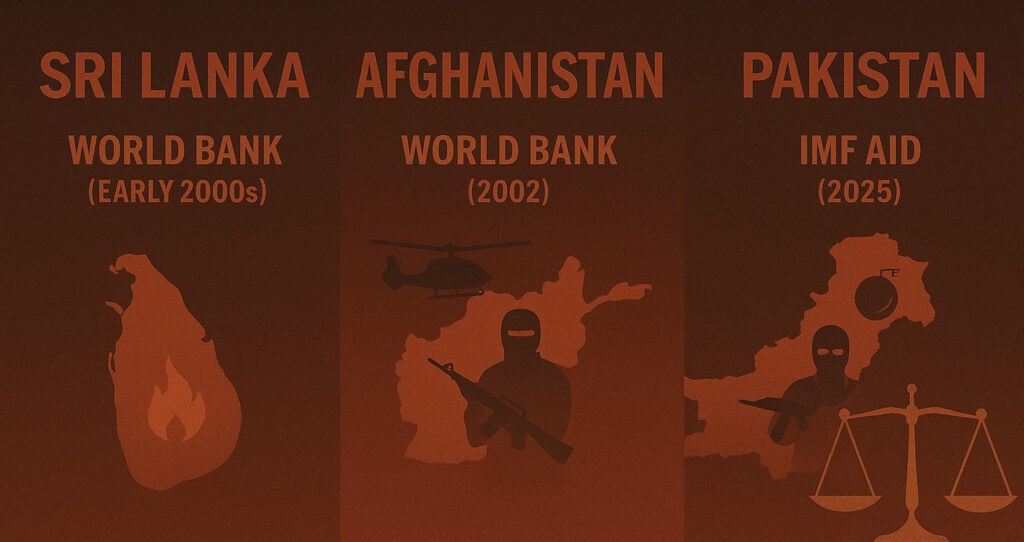 Illustration comparing financial aid to Sri Lanka (early 2000s), Afghanistan (2002), and Pakistan (2025) from global institutions.