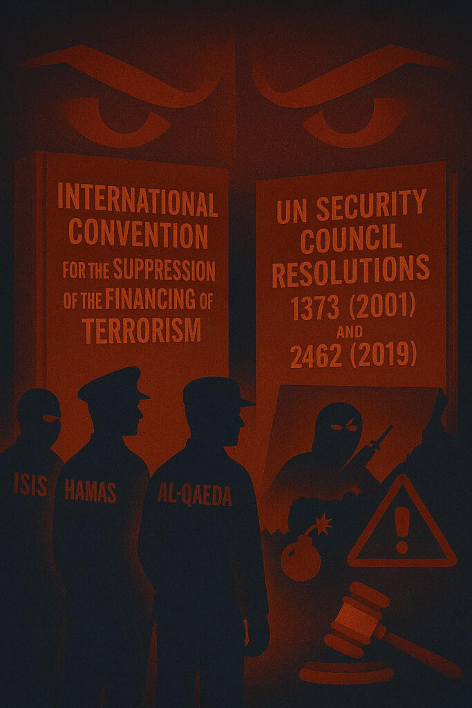 Illustration showing legal frameworks monitoring global terror financing, with symbolic references to international conventions and compliance enforcement.