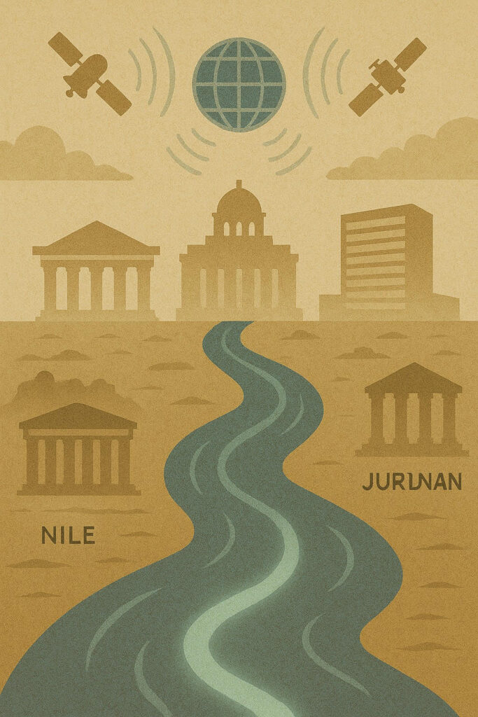 Glowing river surrounded by international courthouses and satellites, symbolizing legal oversight in the Indus Waters Treaty framework.