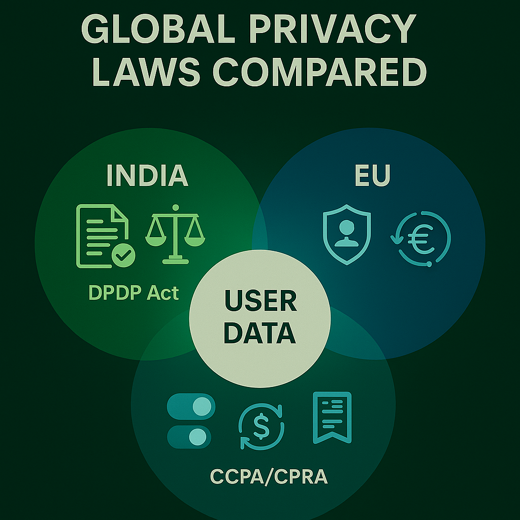 A Venn diagram comparing India’s DPDP Act, EU’s GDPR, and U.S. CCPA with icons for consent, user rights, enforcement, and data transfer rules.