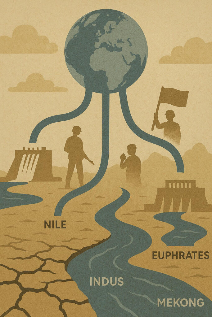 Globe branching into major rivers with conflict symbols, showing parallels to the Indus Waters Treaty in global water-sharing disputes.