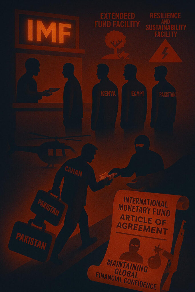 Illustration showing IMF financial support mechanisms like the Extended Fund Facility and Resilience and Sustainability Facility, with countries seeking aid and Article 1 of the IMF Agreement emphasizing global financial stability.