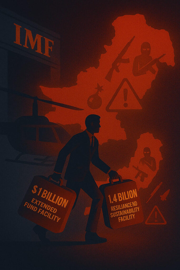 Illustration of IMF disbursing $1B under the Extended Fund Facility and $1.4B under the Resilience and Sustainability Facility to Pakistan amid regulatory scrutiny.