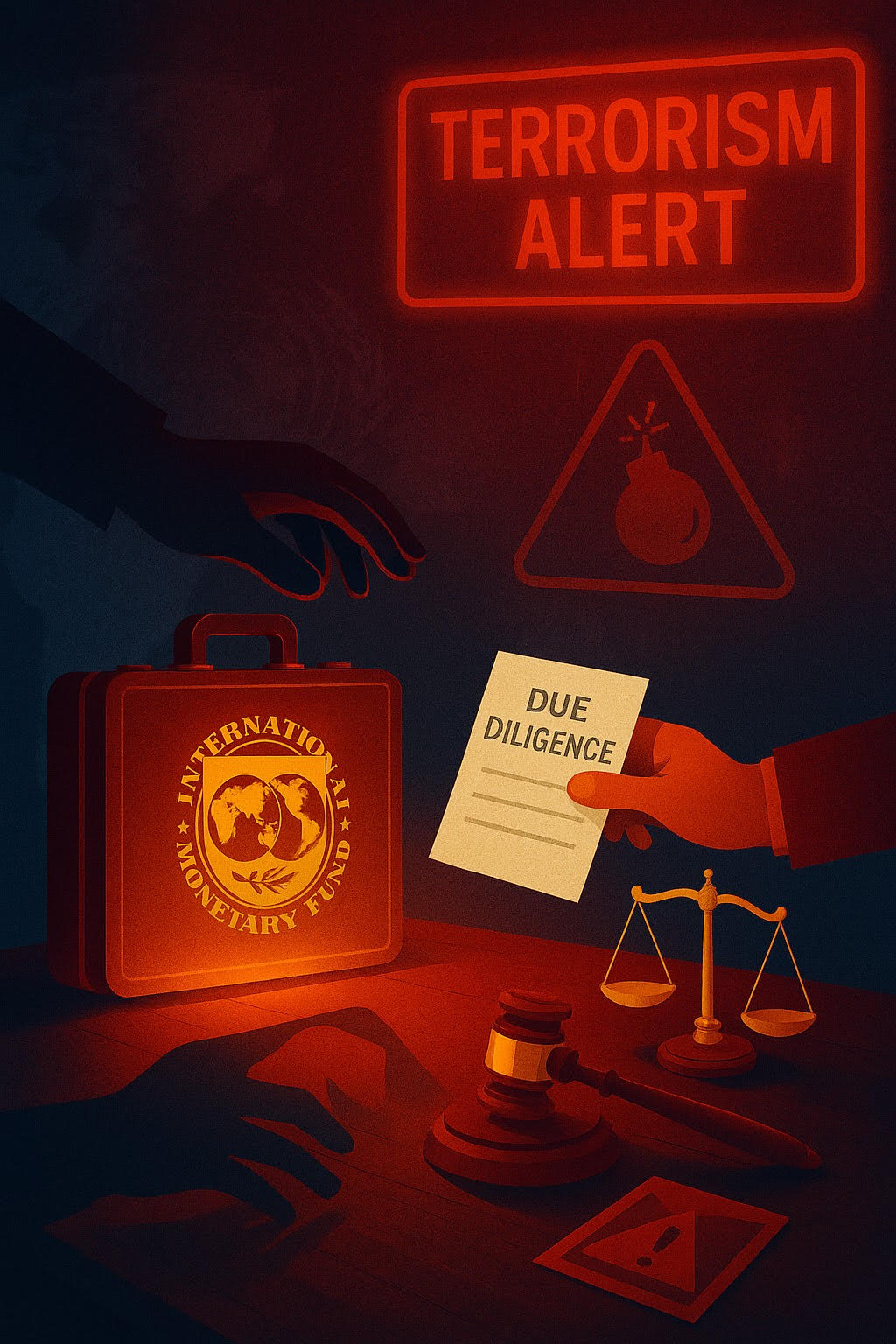 Illustration of IMF briefcase and terrorism alert, symbolizing legal scrutiny of Pakistan loan amid global funding ethics debate.