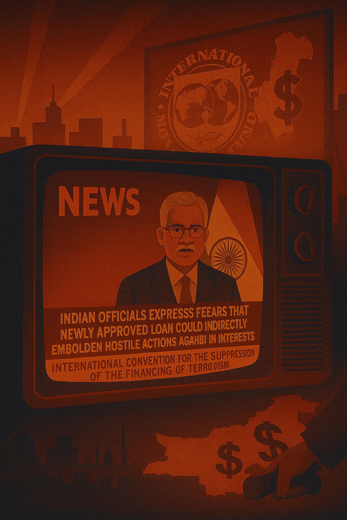 Illustration of an Indian news broadcast highlighting concerns over IMF loans to Pakistan and their possible implications on regional security.