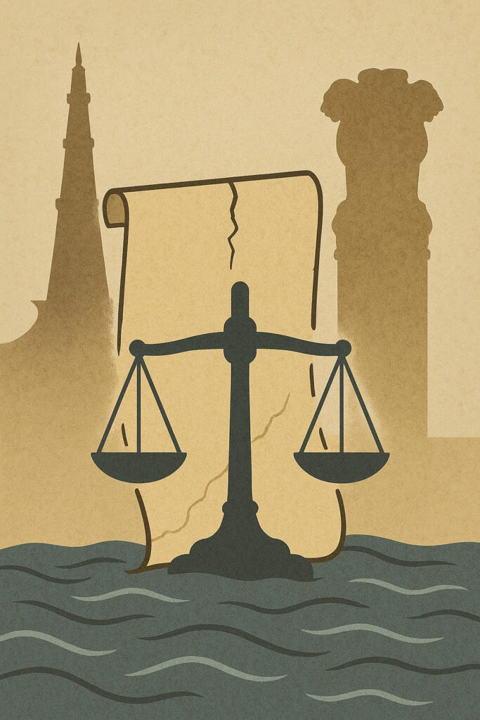 Cracked scroll and broken scales of justice between Indian and Pakistani monuments above the Indus River, symbolizing treaty pressure.