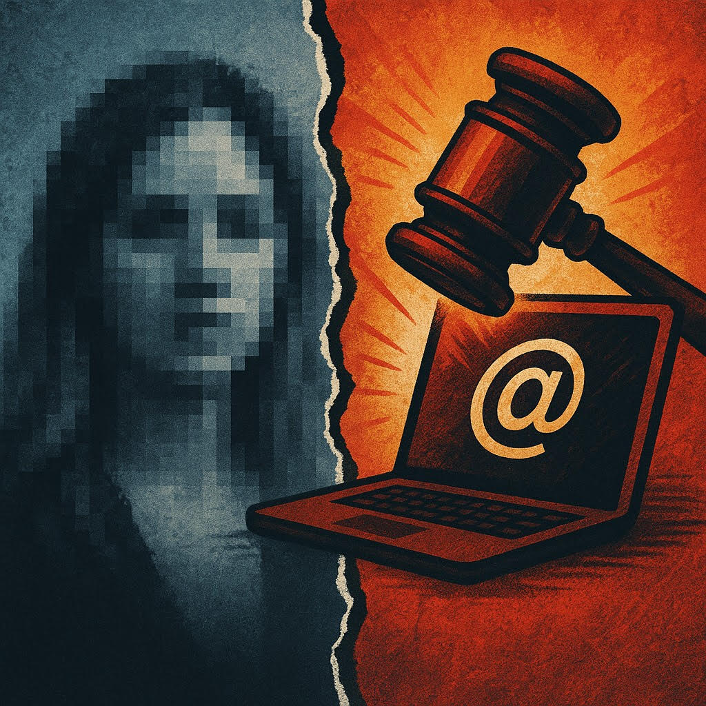 A split-screen illustration showing a pixelated portrait of a woman on the left and a gavel smashing a laptop with an email symbol on the right, representing the intersection of justice and technology.