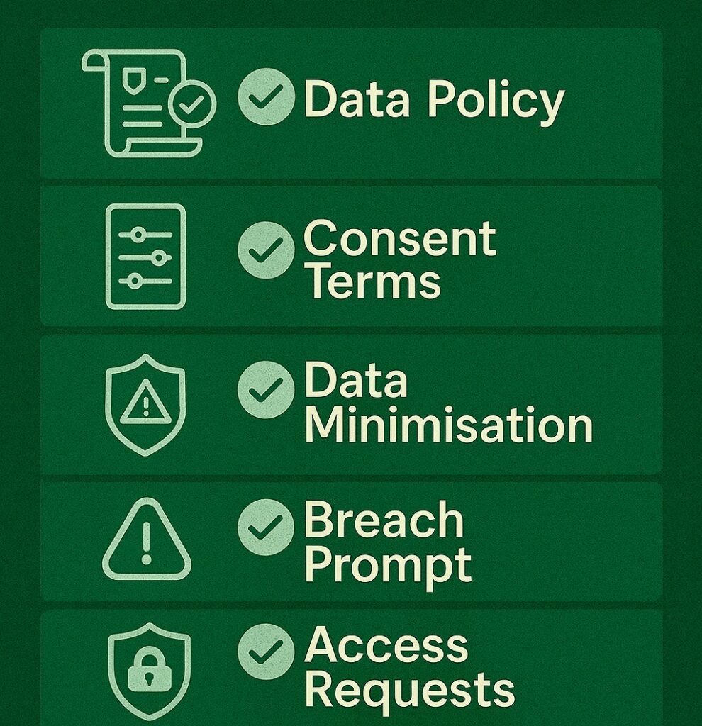 A digital checklist graphic outlining LexNova’s key compliance steps under India’s DPDP Act, including consent logs, DPO, and breach protocols.