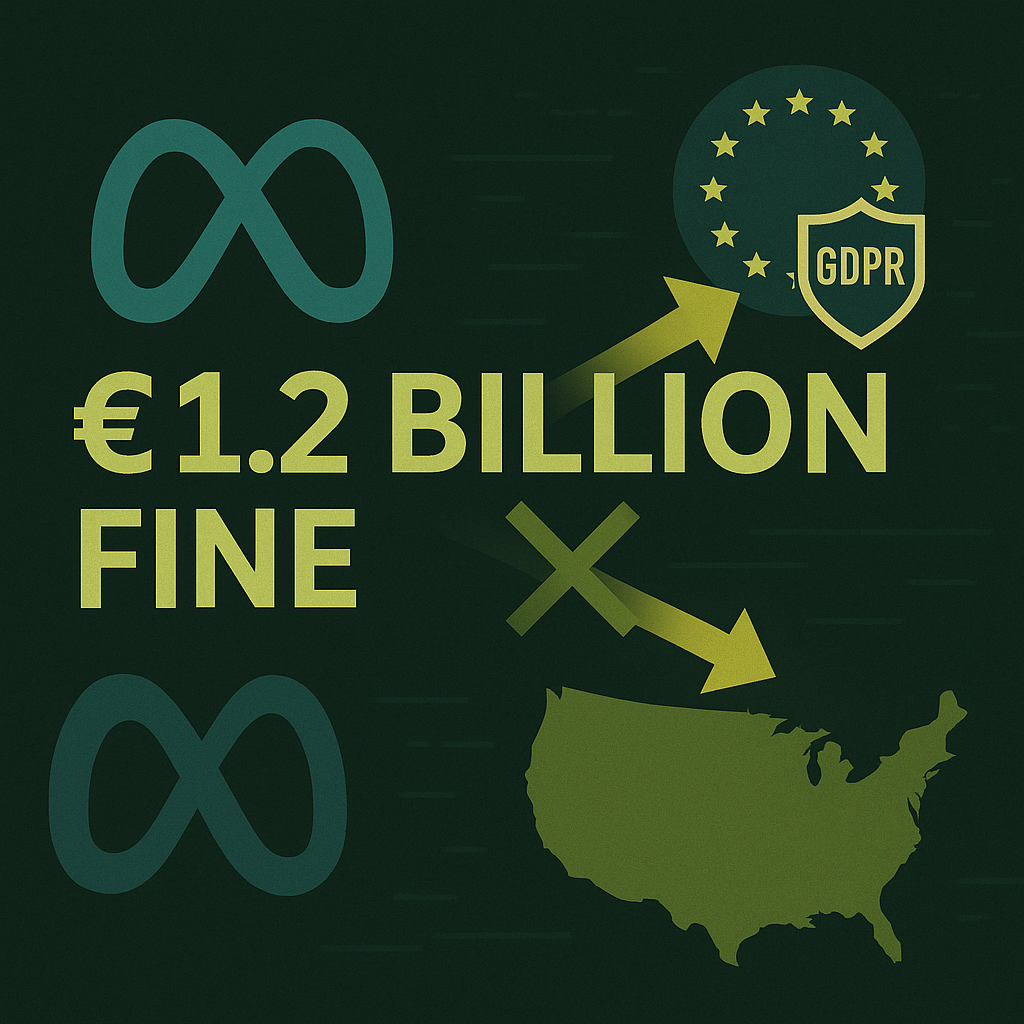 Illustration of Meta fined €1.2 billion by the EU under GDPR for unlawful cross-border data transfers to the U.S.