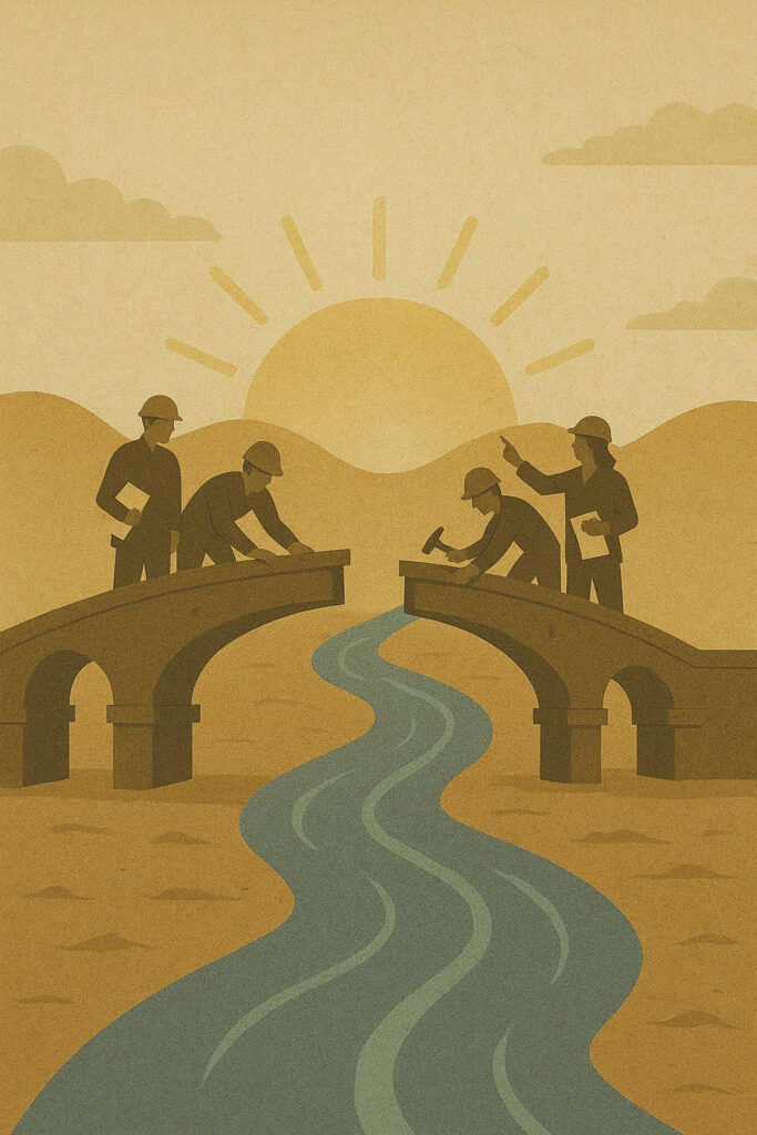 Bridge-building teams from both riverbanks working toward each other over the Indus, symbolizing cooperation and treaty restoration.
