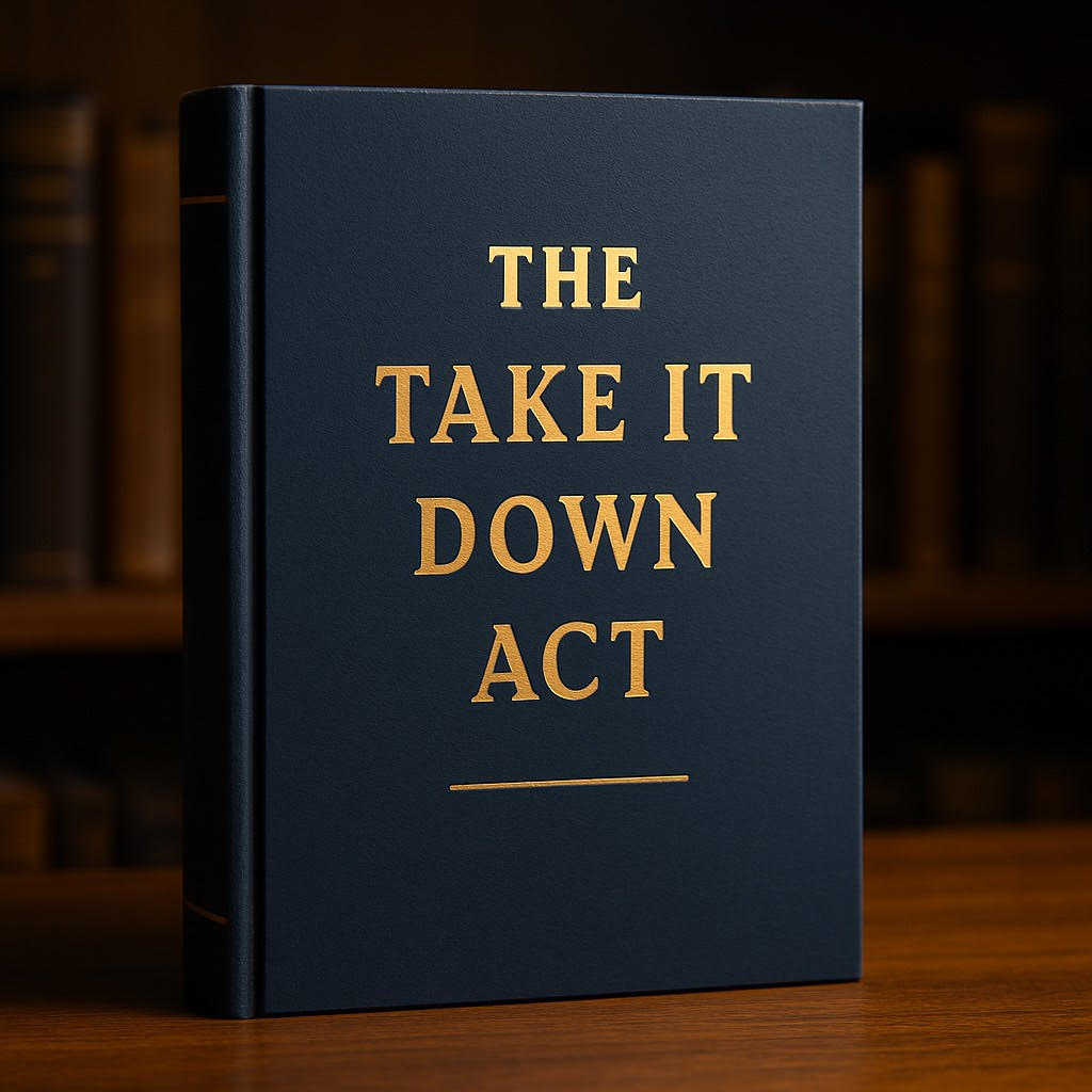 Hardcover book titled “The TAKE IT DOWN Act” displayed on a wooden table, symbolizing legal action against online deepfake abuse.