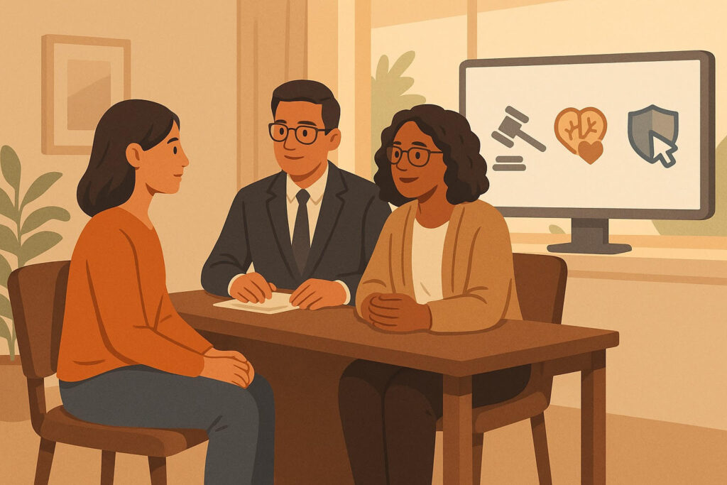 Survivor receiving support from a lawyer and counselor in a warm office, symbolizing legal, emotional, and technical aid under the TAKE IT DOWN Act.