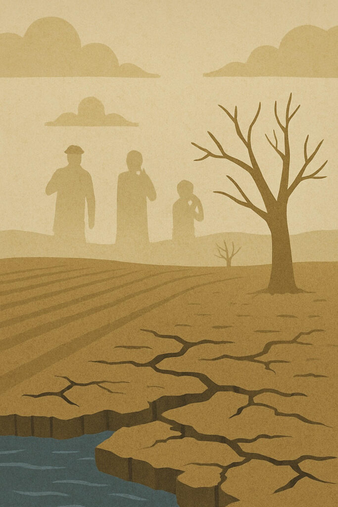 Cracked farmland and dry riverbed with silhouettes of affected people, symbolizing water scarcity under the Indus Waters Treaty fallout.