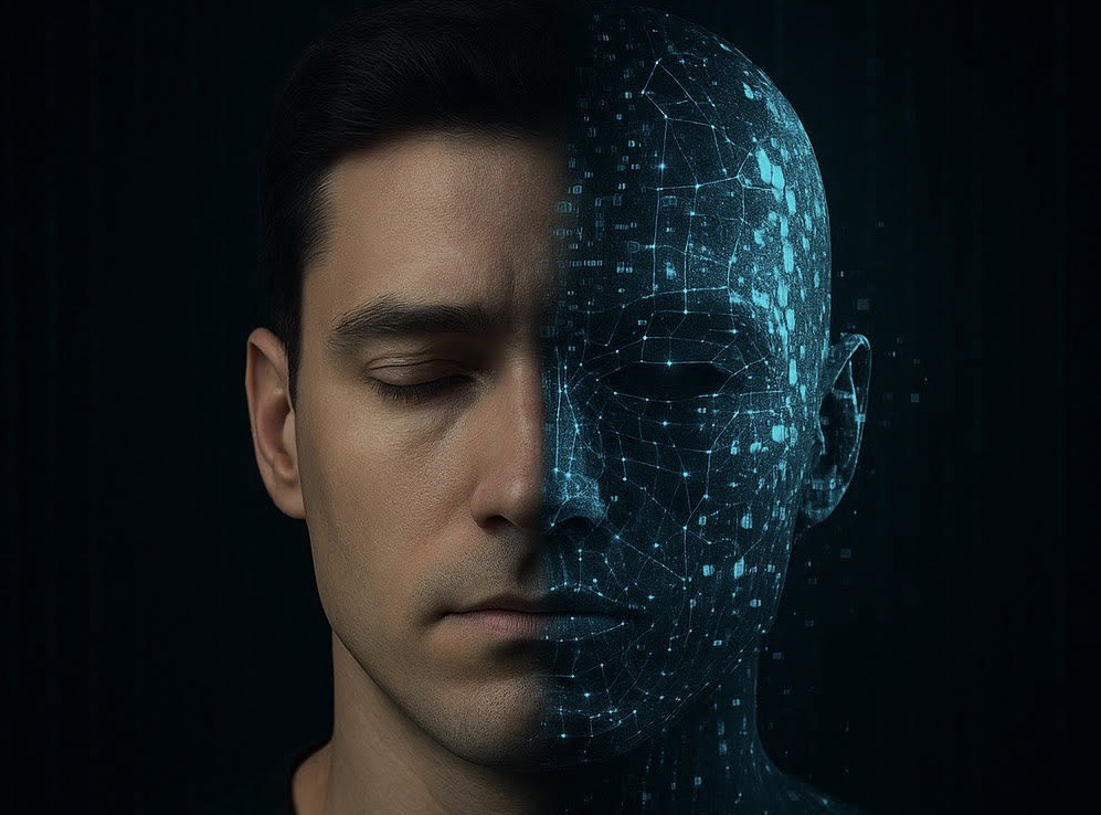 A man’s face transitioning into a digital mask with fragmented data patterns, symbolizing the dual nature of deepfakes.
