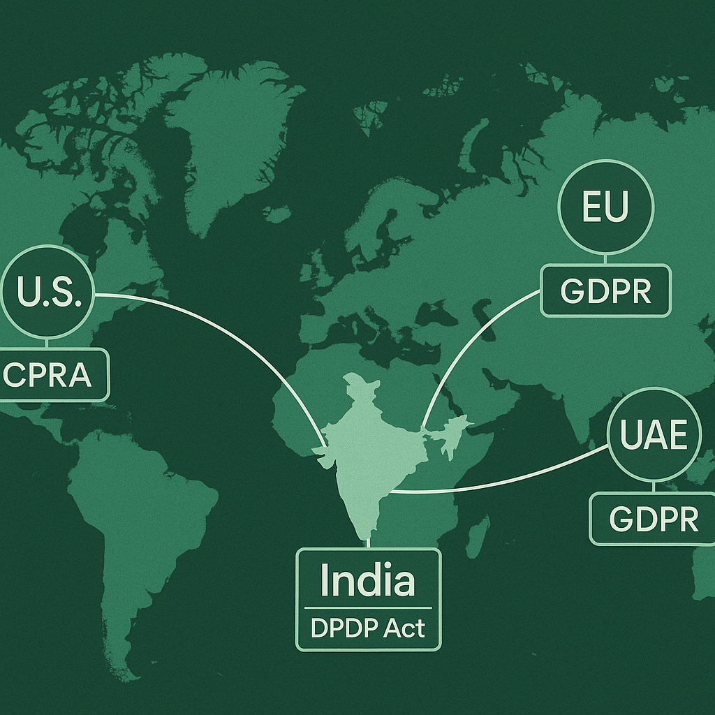 World map infographic showing India’s DPDP Act at the center, connected to EU’s GDPR and U.S. data privacy laws.