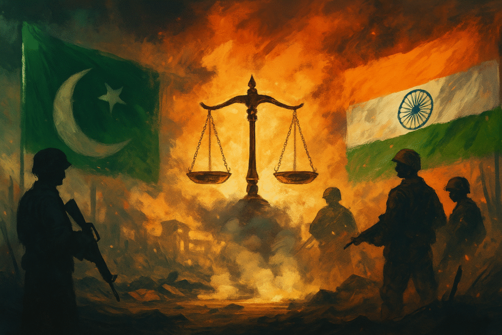 A symbolic digital painting of a cracked battlefield transforming into a courtroom floor, reflecting the shift from war to legal resolution between India and Pakistan.