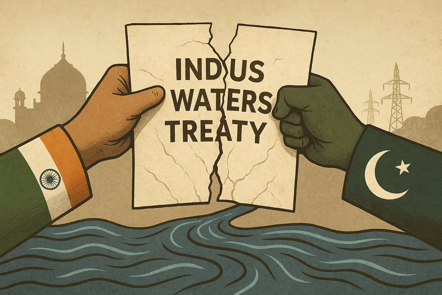 Two national hands tear the Indus Waters Treaty over turbulent waters, symbolizing rising tensions between India and Pakistan.