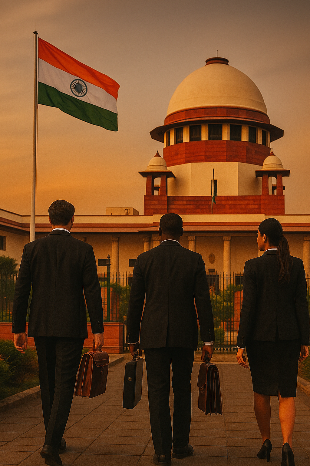 Foreign lawyers symbolically approaching India’s legal domain, reflecting their regulated non-litigious entry under the BCI’s 2025 reform.