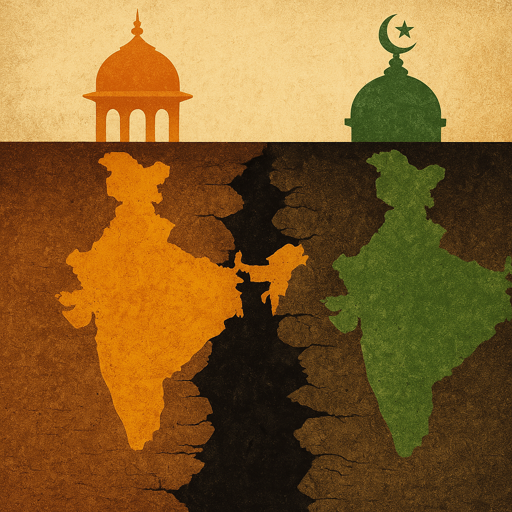 Two symbolic bridges approaching across a valley, representing cautious India-Pakistan diplomatic progress
