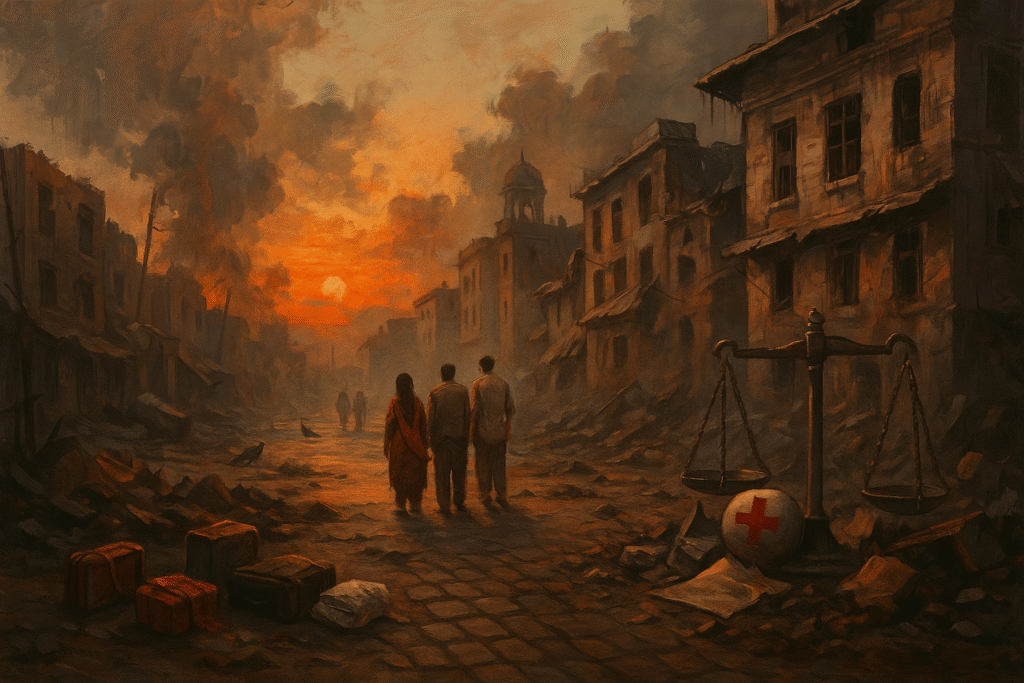 A semi-realistic digital painting showing an Indian Hindu family fleeing a war-damaged village, symbolizing the urgent need for civilian protection under international law.
