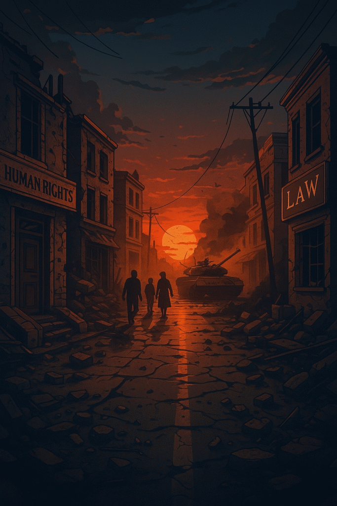 A detailed digital illustration showing a war-torn civilian area with legal scales hovering above, symbolizing the tension between warfare and humanitarian law.