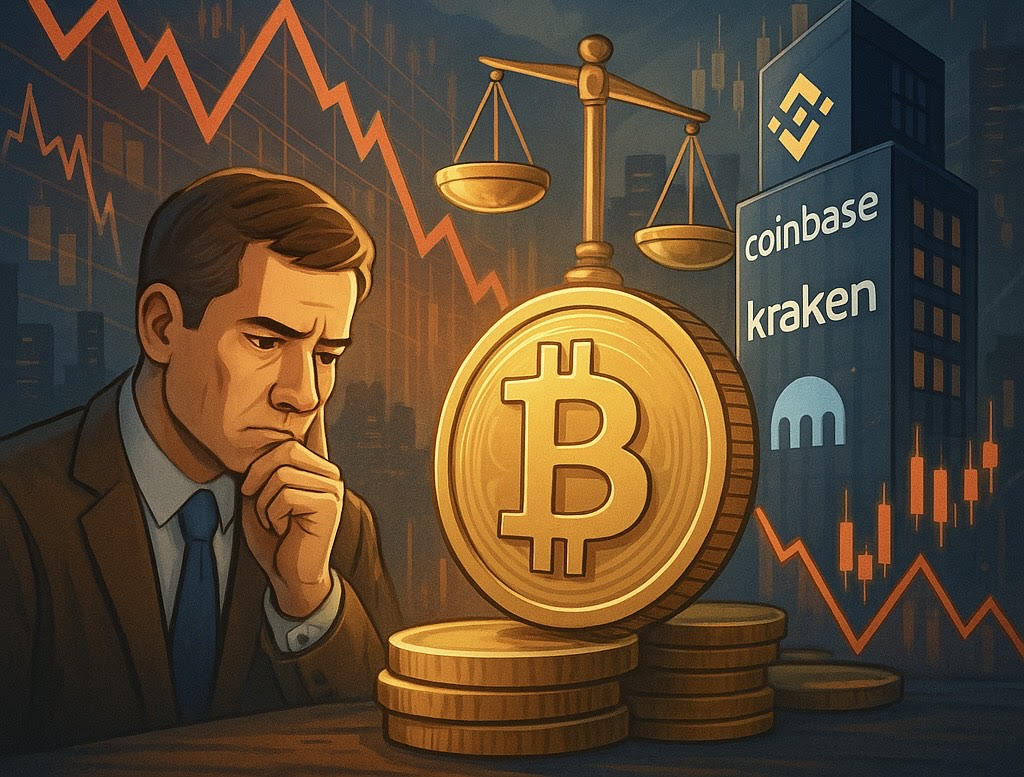 Investor thinking beside crypto coins, market graph, and logos of Binance, Coinbase, and Kraken — symbolizing UK regulatory effects.