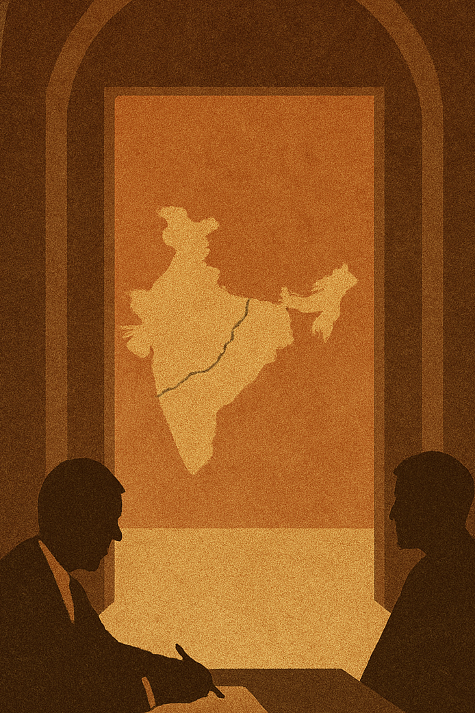 Unraveling scroll in a dim diplomatic corridor symbolizing the start of the Shimla Agreement