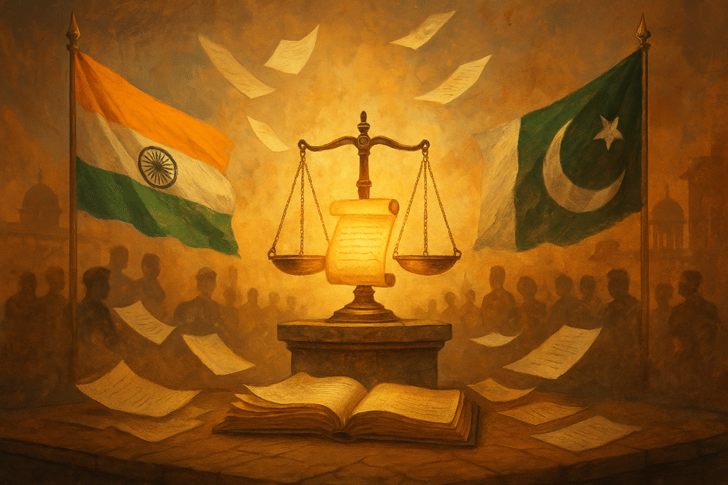 Ancient scroll unfurling onto a modern diplomatic table symbolizing historical treaties in current geopolitics