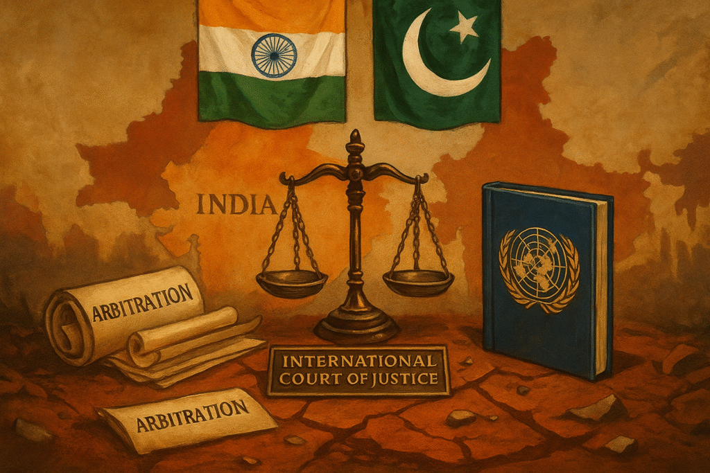 A symbolic digital illustration showing a courtroom gavel, legal documents, and diplomatic emblems between India and Pakistan, representing available legal remedies post-ceasefire breach.