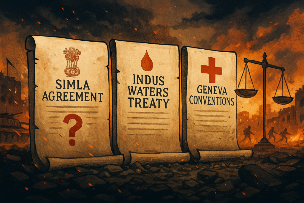 A symbolic illustration featuring the Geneva Conventions, Simla Agreement, and Indus Waters Treaty amid a backdrop of legal tension and regional conflict.