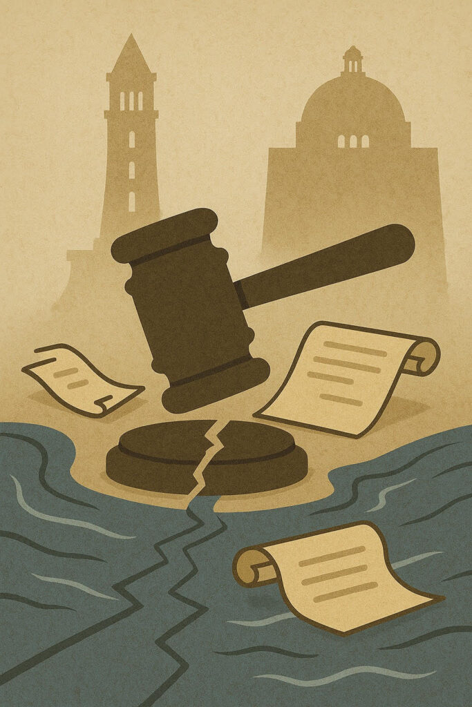 A broken gavel over a split river with drifting scrolls and courts in the background, symbolizing the legal crisis in the Indus Waters Treaty.