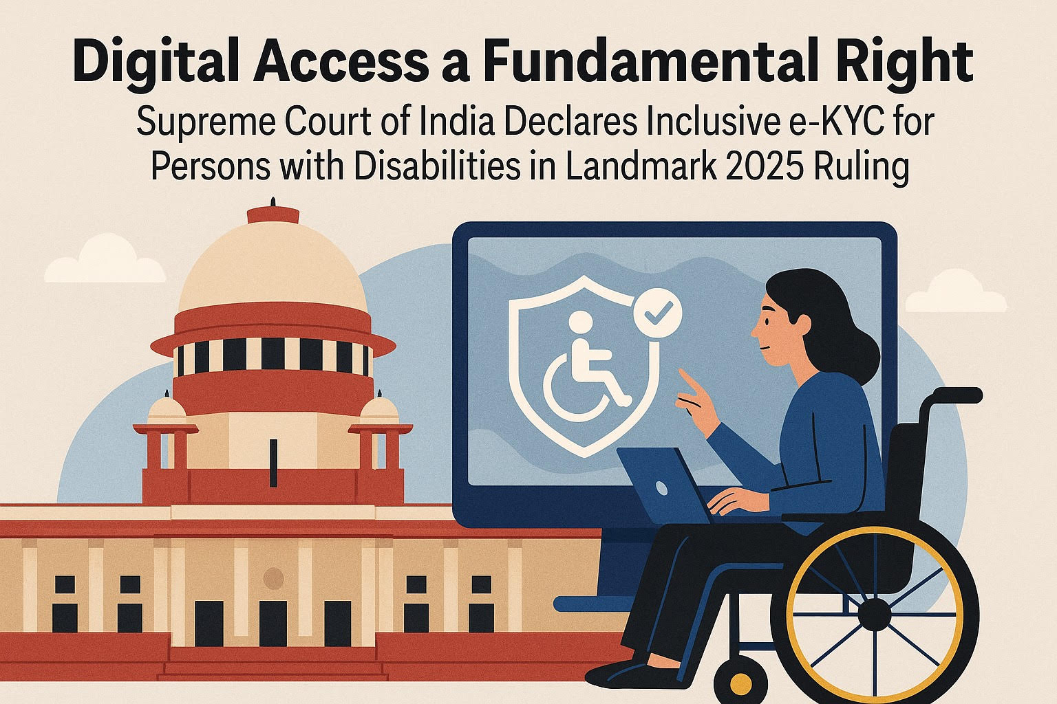 Supreme Court building next to a woman in a wheelchair using a laptop, symbolizing digital access as a fundamental right after India’s 2025 e-KYC ruling.