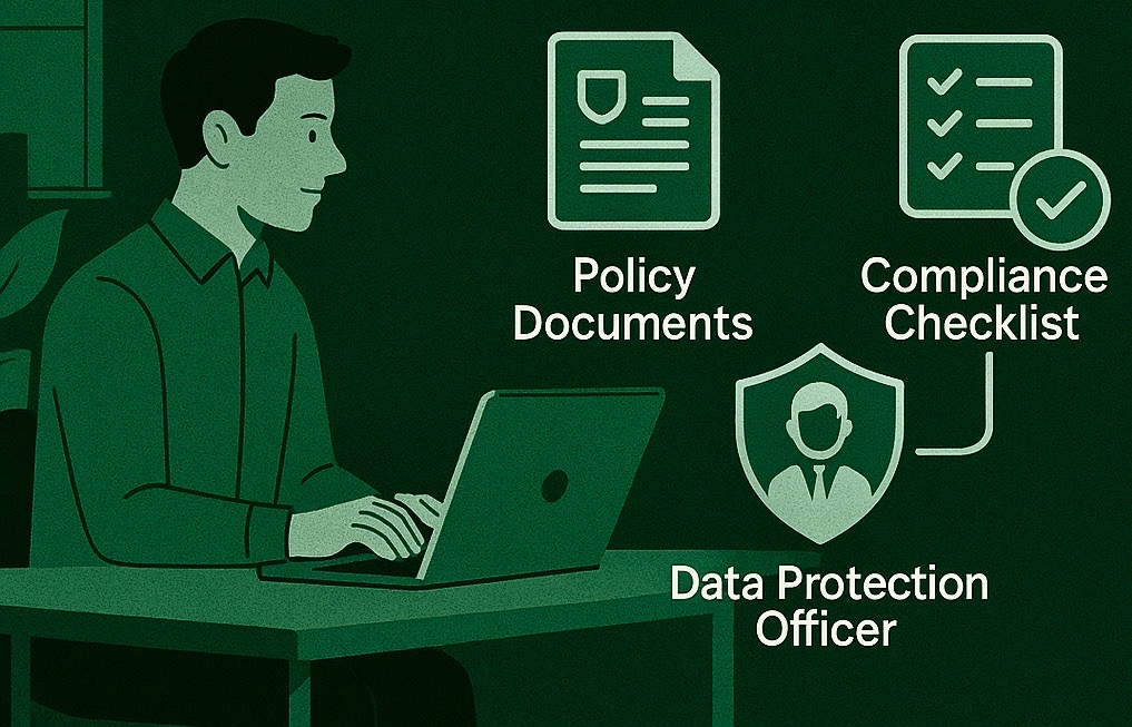 A digital illustration showing Indian startups and small businesses aligning with DPDP Act compliance using laptops, checklists, and cloud data tools.