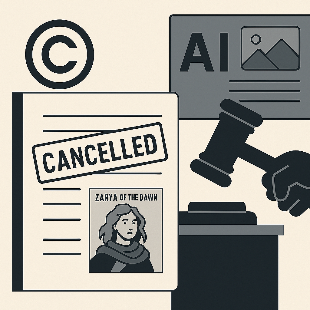 Illustration showing revoked copyright over AI-generated comic art in a courtroom setting, referencing the Zarya of the Dawn case