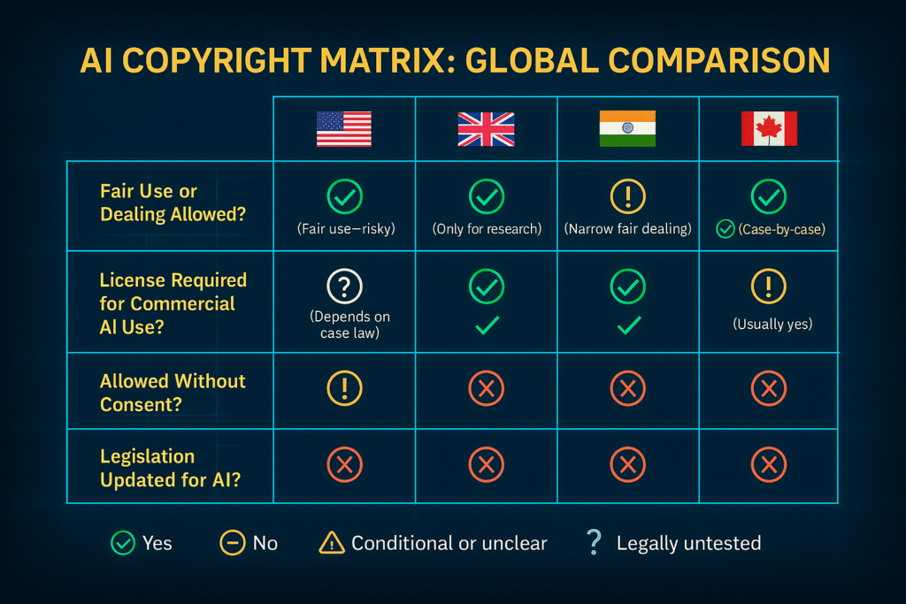 A comparison matrix of AI copyright laws across the US, UK, India, and Canada, showing differences in fair use, licensing, consent, and legal updates.