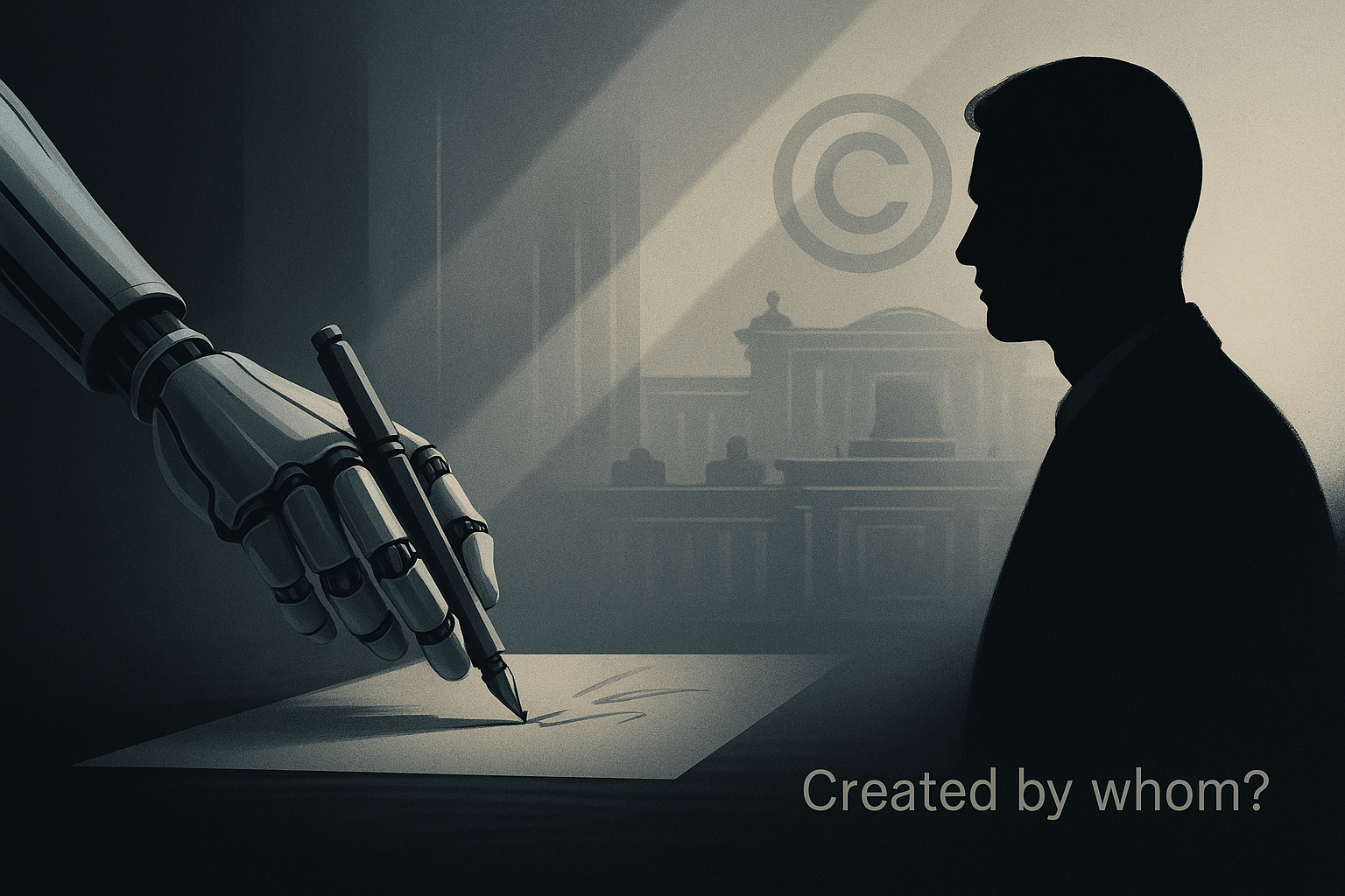 A human lawyer and an AI robot reaching toward a copyright symbol, symbolizing the legal conflict over AI-generated content ownership.