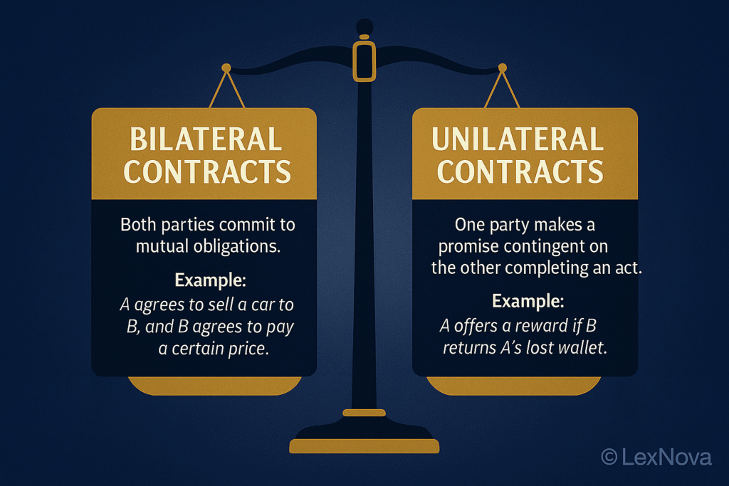 Infographic comparing bilateral and unilateral contracts under Indian, US, and UK law with key examples.